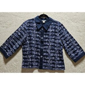 Christopher Banks Womens Blue Print 3/4 Sleeve‎ Button Front Top Jacket XL